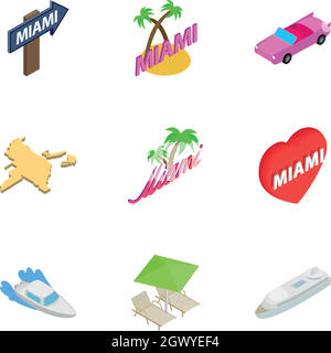 City Miami icons set, isometric 3d style Stock Vector