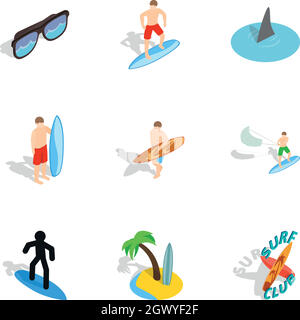 Surfing icons set, isometric 3d style Stock Vector