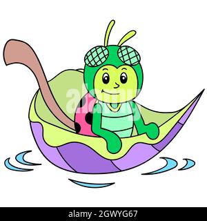 a cute fly insect riding  leaf boat washed away in the flood Stock Vector
