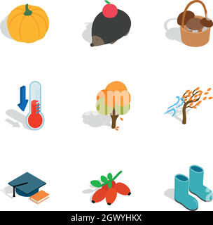 Symbols of autumn icons, isometric 3d style Stock Vector