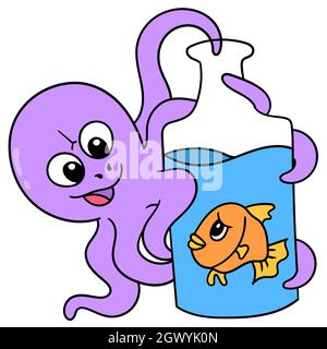 the evil octopus is in the mood to eat the small fish in the bottle Stock Vector