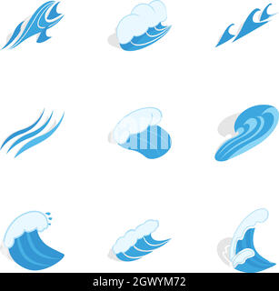Ocean or sea wave icons, isometric 3d style Stock Vector