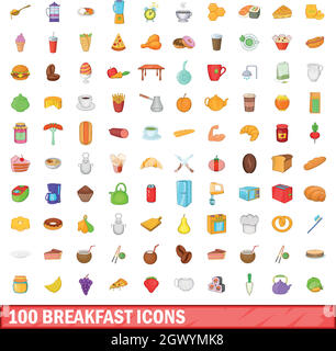 100 breakfast icons set, cartoon style Stock Vector