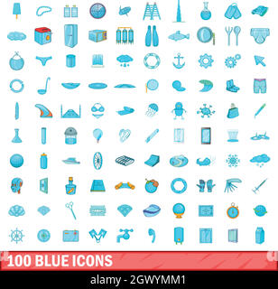 100 blue icons set, cartoon style Stock Vector