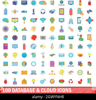 100 database and cloud icons set, cartoon style Stock Vector