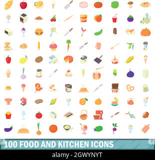 100 food and kitchen icons set, cartoon style Stock Vector