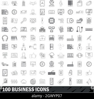 100 business icons set, outline style Stock Vector