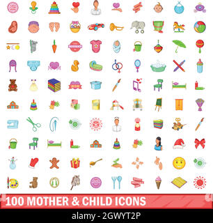 100 mother and child icons set, cartoon style Stock Vector