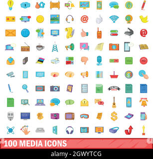 100 media icons set, cartoon style Stock Vector
