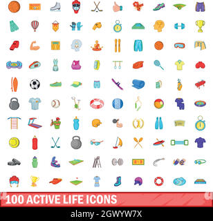 100 active life icons set, cartoon style Stock Vector
