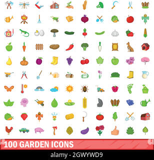 100 garden icons set, cartoon style Stock Vector