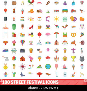 100 street festival icons set, cartoon style Stock Vector