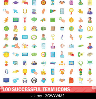 100 successful team icons set, cartoon style Stock Vector