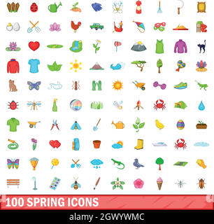 100 spring icons set, cartoon style Stock Vector
