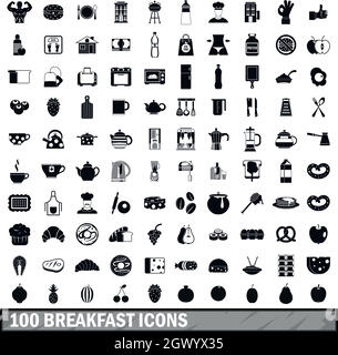100 breakfast icons set in simple style Stock Vector