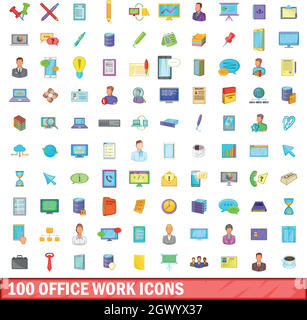 100 office work icons set, cartoon style Stock Vector