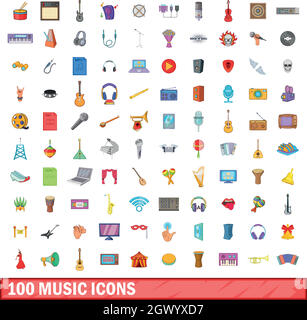 100 music icons set, cartoon style Stock Vector