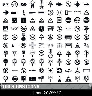 100 road signs icons set in simple style Stock Vector