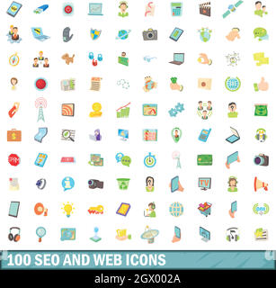 100 seo and web icons set, cartoon style Stock Vector