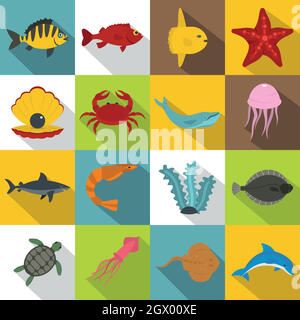 Sea animals icons set, flat style Stock Vector