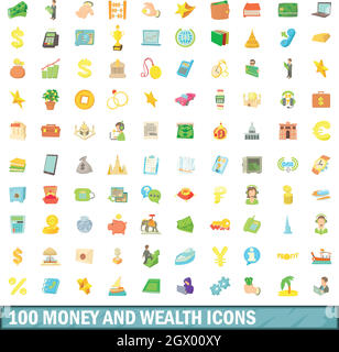 100 money and wealth icons set, cartoon style Stock Vector