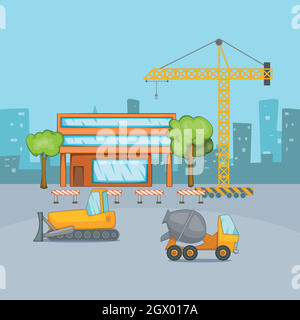 House construction process with cartoon building machinery retro style ...