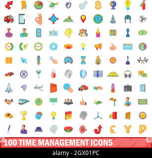 100 time management icons set, cartoon style Stock Vector