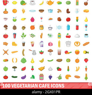 100 vegetarian cafe icons set, cartoon style Stock Vector