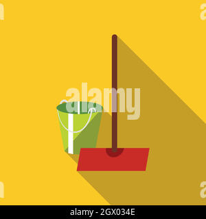 Mop and bucket icon, flat style Stock Vector