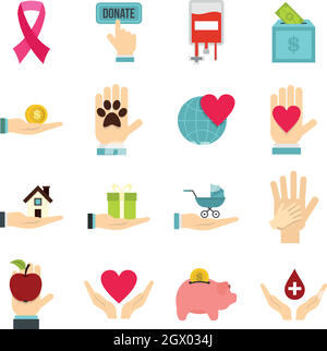 Charity set flat icons Stock Vector