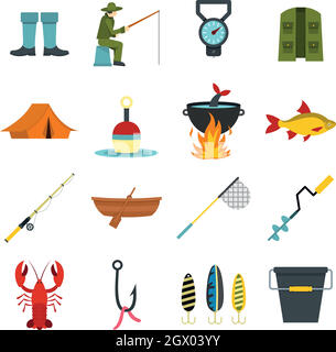 Fishing tools for the fisherman. Vector flat icons. Fishing as a