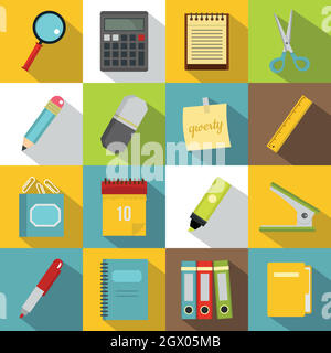 Stationery symbols icons set, flat style Stock Vector