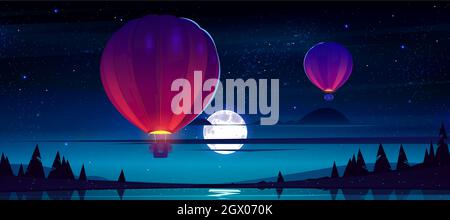 Air balloons flying at night starry sky with full moon and clouds over lake with rocks and conifers trees. Aerial flight travel, midnight scenery landscape, Cartoon vector illustration, background Stock Vector