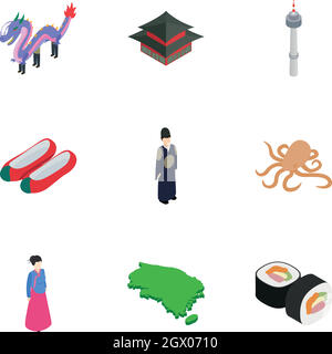 South Korea icons set, isometric 3d style Stock Vector