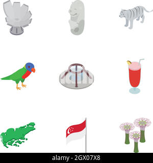 Singapore elements icons set, isometric 3d style Stock Vector