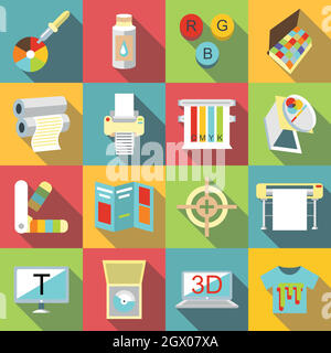 Printing processes icons set, flat style Stock Vector