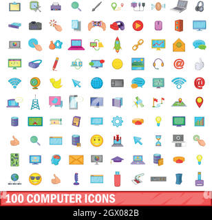 100 computer icons set, cartoon style Stock Vector
