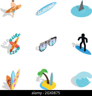 Surf elements icons set, isometric 3d style Stock Vector