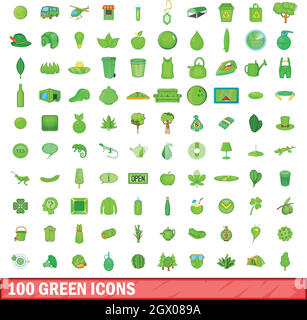 100 green icons set, cartoon style Stock Vector