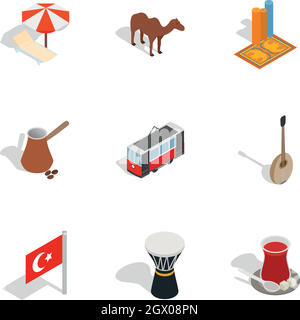 Turkish cultural icons set, isometric 3d style Stock Vector