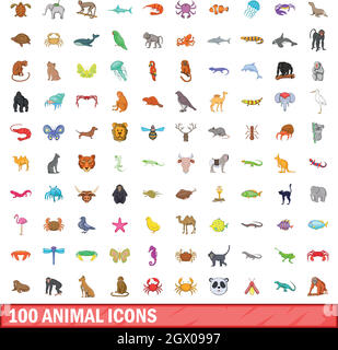 100 animal icons set, cartoon style Stock Vector