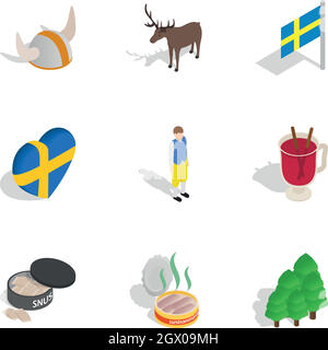 Symbols of Sweden icons set, isometric 3d style Stock Vector