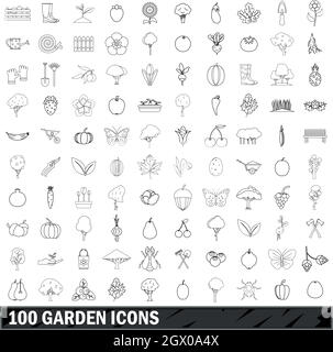 100 garden icons set, outline style Stock Vector