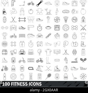 100 fitness icons set, outline style Stock Vector