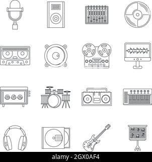 Recording studio items icons set, outline style Stock Vector