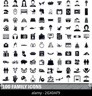 100 family icons set in simple style Stock Vector