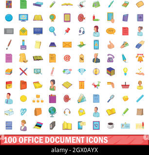 100 office document icons set, cartoon style Stock Vector