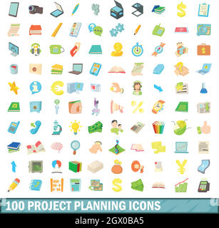 100 project planning icons set, cartoon style Stock Vector