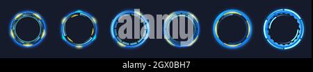 Futuristic circle frames, cartoon space or hud ski-fi round technology borders, isolated tech portals for game, ui graphic design elements for virtual reality, gamer panel or dashboard, Vector set Stock Vector