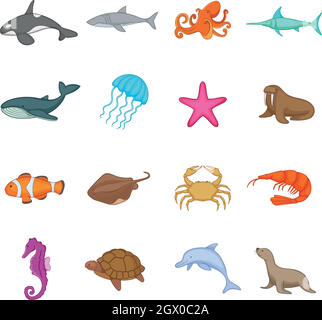 Ocean inhabitants icons set, cartoon style Stock Vector